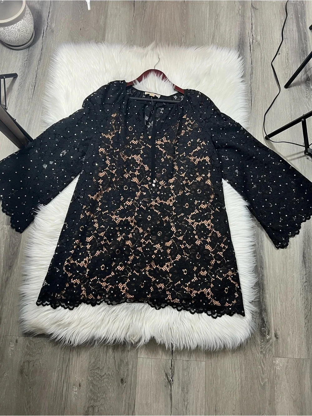 Michael Kors Studded Corded Floral Lace V-Neck Dress Black